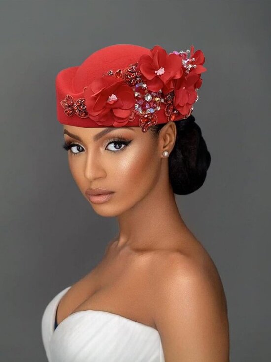 Women\'s British Felt hat Church Derby Headdress Floral Beret hat Red main image 6